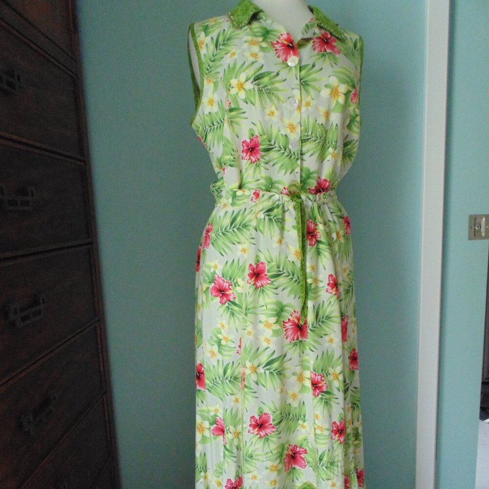 Vtg 80s Ku De Ta Lime Green Tropical Floral Rayon Beaded Blouse Maxi Skirt Set L
